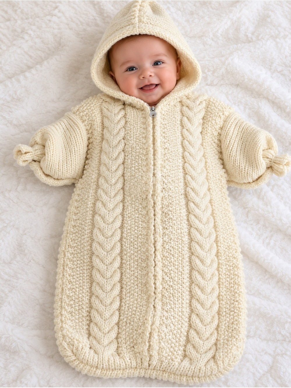 Cream Cable Knit Hooded Baby Bunting Bag | Approx. 3–6 Months